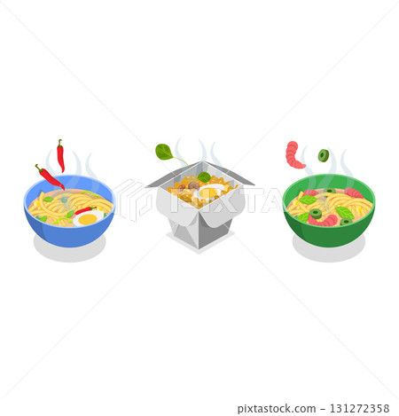 3D Isometric Flat Vector Set of Ramen Bowls, Chinese And Japanese Noodles. Item 1 131272358