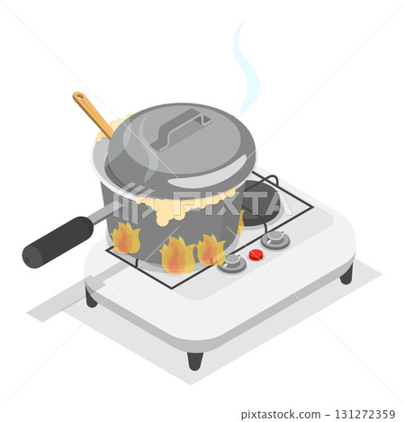 3D Isometric Flat Vector Set of Field Kitchen Elements, Cooking Food On Camp Stoves. Item 1 131272359