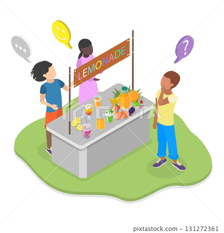3D Isometric Flat Vector Illustration of Kids Selling Lemonade, Youngsters Operating Lemonade And Cookie Stands. Item 1 131272361