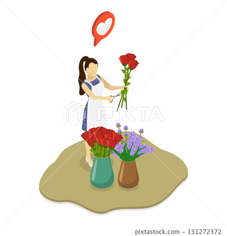 3D Isometric Flat Vector Illustration of Florist, Creating Stunning Flower Arrangements For Weddings, Dates, And Events. Item 3 131272372