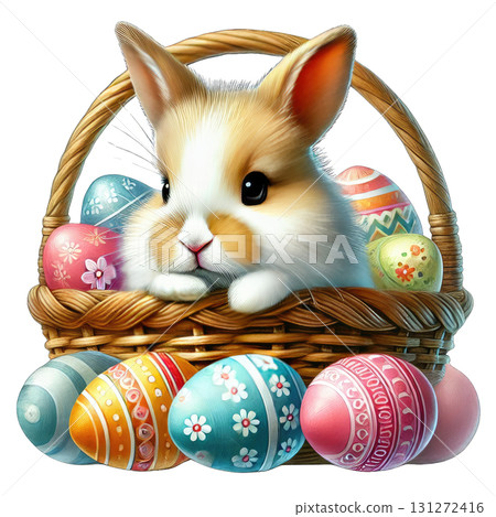Cute bunny with colorful Easter eggs in a woven basket, white isolated background. 131272416