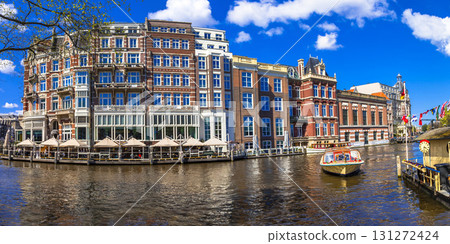 canals of Amsterdam.Panoramic image. netherland tourism 131272424