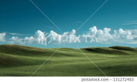 Lush green hills with bright blue sky and fluffy white clouds in daylight. A vibrant green hill under a bright blue sky, dotted with fluffy white clouds. Rolling hills covered in lush green grass. 131272483