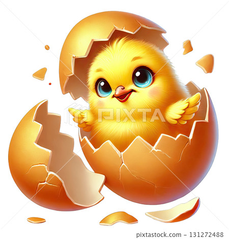 A cute chick hatching from its egg, symbolizing new beginnings and innocence. 131272488