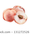 Peach summer juicy ripe fruits. Watercolor hand drawn floral food illustration isolated on white background for home kitchen textile fresh fabric print card cosmetic package porcelain crockery label 131272526