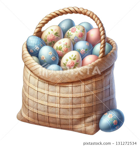 Colorful decorated eggs in a woven basket for Easter celebration. 131272534