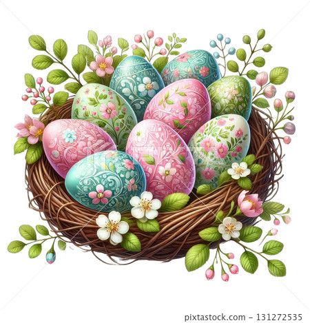 Colorful decorative Easter eggs in a nest surrounded by blooming flowers. 131272535
