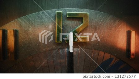 Detailed Macro Close Up of Exquisite Wall Clock with Bold Golden Numbers on Dial 131272577