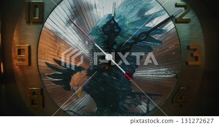 Vintage Decorative Wall Clock with Golden Numbers and Painted Eagle Artwork on Dial. Time Lapse 131272627