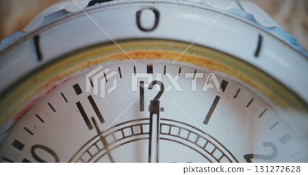 Macro Close Up Shot of Detailed Dial with Bold Black Numbers on Vintage Clock. Time Lapse 131272628