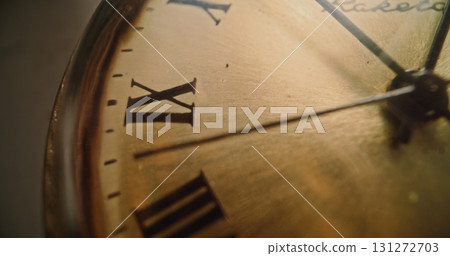 Macro Close Up Shot of Antique Pocket Watch with Roman Numerals and Elegant Retro Design 131272703