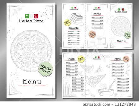Italian pizza and pasta menu - trifold leaflet template - letter format (8,5 x 11 inches) - vector illustration Italian pizza and pasta menu - trifold leaflet template - letter format (8,5 x 11 inches) - vector illustration 131272848