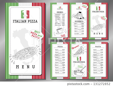 Italian pizza and pasta menu - trifold leaflet template - letter format (8,5 x 11 inches) - vector illustration 131272852