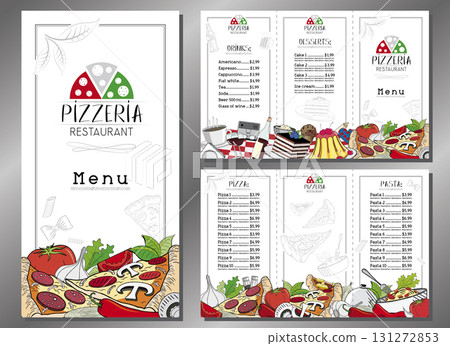 Italian pizza and pasta menu - trifold leaflet template - letter format (8,5 x 11 inches) - vector illustration 131272853