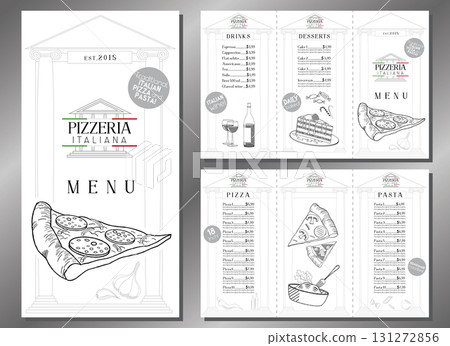 Italian pizza and pasta menu - trifold leaflet template - letter format (8,5 x 11 inches) - vector illustration 131272856
