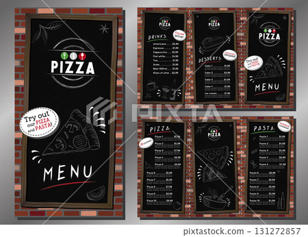 Italian pizza and pasta menu - trifold leaflet template - letter format (8,5 x 11 inches) - vector illustration Italian pizza and pasta menu - trifold leaflet template - letter format (8,5 x 11 inches) - vector illustration 131272857
