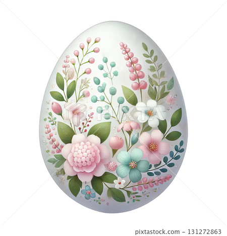 A beautifully decorated egg featuring a floral design with pastel colors. 131272863