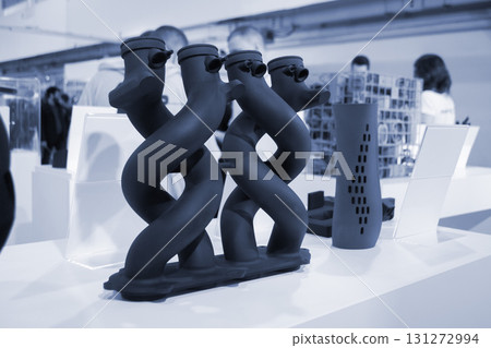Object printed on 3D printer from molten plastic powder. Model black color printed on 3D printer from melted polyamide powder. Multi Jet Fusion MJF. Modern additive progressive 3D printing technology Object printed on 3D printer from molten plastic powder. Model black color printed on 3D printer from melted polyamide powder. Multi Jet Fusion MJF. Modern additive progressive 3D printing technology 131272994