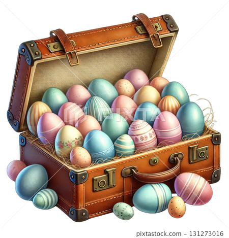 A vintage suitcase filled with colorful decorated Easter eggs. 131273016