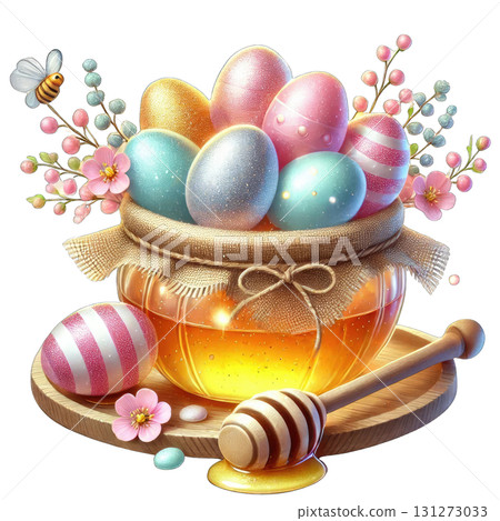 Colorful decorated eggs in honey jar with blossoms and honey dipper. 131273033