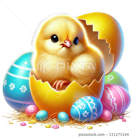A cute chick emerging from a colorful Easter egg, surrounded by pastel eggs. 131273184
