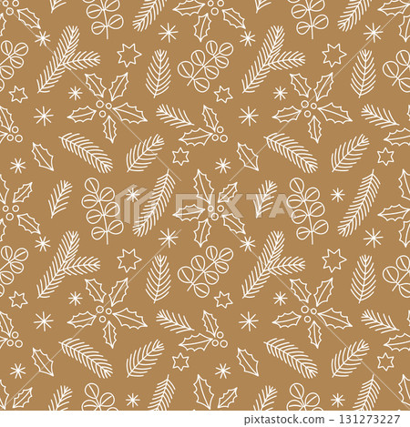 Seamless Christmas pattern with hand-drawn holly leaves, eucalyptus branches, pine needles, stars and snowflakes on gold background. 131273227