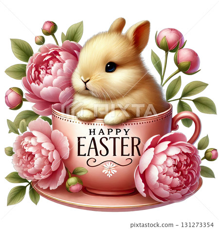 Cute bunny in a floral cup celebrating Easter with colorful peonies. Cute bunny in a floral cup celebrating Easter with colorful peonies. 131273354