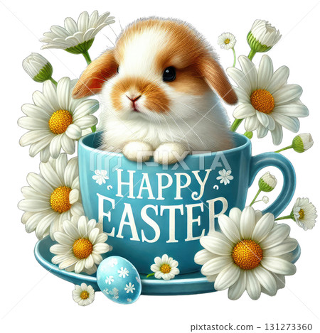 Cute bunny in a cup surrounded by daisies for a cheerful Easter celebration. 131273360