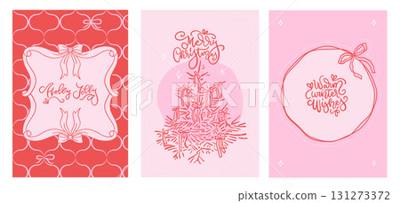 Vintage Merry Christmas greeting cards set in coquette style. Hand drawn whimsical frames with elegant bows and ribbons, cute lettering and decorated xmas tree. Template for poster, banner. Vector 131273372