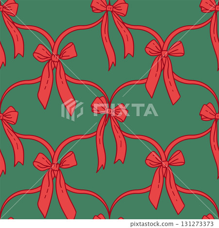 Coquette Christmas seamless checkered pattern with red bows on green background. Composition with vintage bows and handmade ribbons. Contour Pink ribbon on a red background. Vector vintage print. Coquette Christmas seamless checkered pattern with red bows on green background. Composition with vintage bows and handmade ribbons. Contour Pink ribbon on a red background. Vector vintage print. 131273373