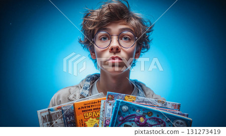 Student holds a stack of colorful books while looking thoughtfully into the distance in an indoor setting 131273419
