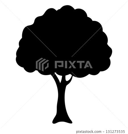 A single tree silhouette shows a full canopy and broad trunk against a white background 131273535