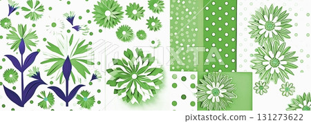 背景材質：無縫圖案、紙藝風格插畫、花卉圖案、圓點、黃綠色 131273622