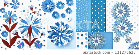 背景材質、無縫圖案、紙工藝風格插圖、花卉圖案、圓點、淺藍色 背景材質、無縫圖案、紙工藝風格插圖、花卉圖案、圓點、淺藍色 131273623