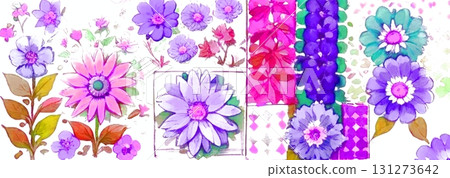 Background material, seamless pattern, watercolor style illustration, floral pattern, retro style, purple, pink 131273642