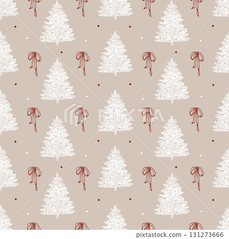 Vintage vector pattern with a Christmas tree and bows. New Years white pine trees and red bows on a pastel beige background. Retro Christmas pattern. Vintage Christmas. Vector graphic illustration 131273666