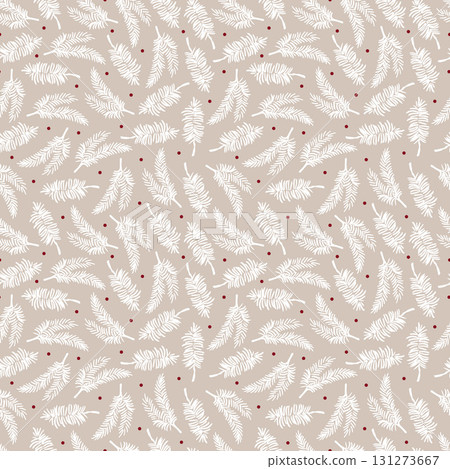 Beige winter pattern with white fir branches and berries. A natural Christmas seamless pattern. Suitable for backgrounds, wallpaper, clothing, packaging, and fabric. Vector pastel graphic illustration Beige winter pattern with white fir branches and berries. A natural Christmas seamless pattern. Suitable for backgrounds, wallpaper, clothing, packaging, and fabric. Vector pastel graphic illustration 131273667