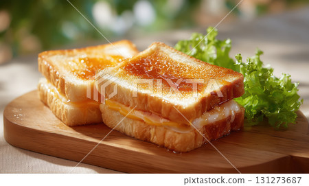 Delicious golden toasted sandwich stacked on a wooden board, accompanied by fresh green lettuce, showcasing appetizing textures and inviting presentation for culinary enthusiasts and food lovers 131273687