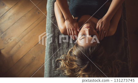Woman relaxing on a massage table with long hair, surrounded by a serene atmosphere, showcasing tranquility and self-care in a wellness environment with natural wooden flooring 131273745