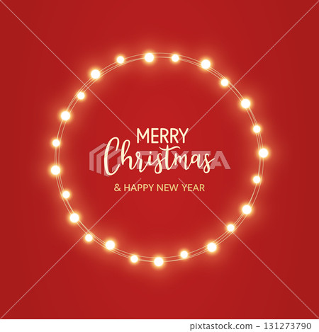 Christmas gold light circle frame. Fairy bulb red banner. New Year luxury string garland. Winter party background. Led neon baubles. Festive border. Glow lamp bg. Glitter bright. Vector illustration Christmas gold light circle frame. Fairy bulb red banner. New Year luxury string garland. Winter party background. Led neon baubles. Festive border. Glow lamp bg. Glitter bright. Vector illustration 131273790
