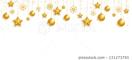 Gold balls, stars and snowflakes frame. Celebration background. Bright Holiday ornament. Luxury hanging baubles. Christmas 3d gold glass toys. Festive glitter design elements. Vector illustration 131273793