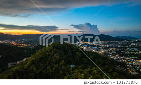 Aerial view of Sunset Over Mountain Town Aerial view of Sunset Over Mountain Town 131273876