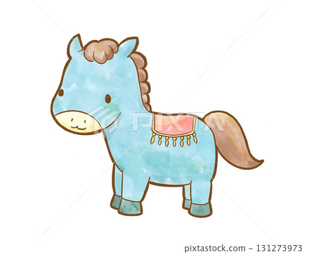A cute, standing, light blue horse character drawn in watercolor style. New Year's material that can be used for New Year's cards and zodiac designs. 131273973