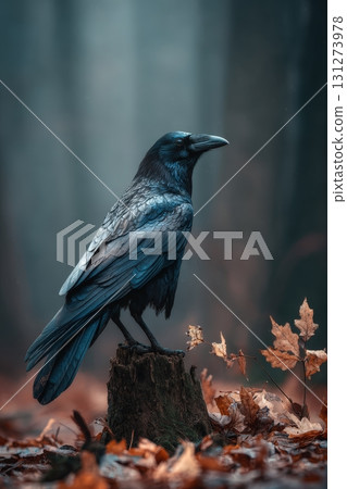 High-Detail Photo of Crow on Tree Stump in Autumn Forest 131273978