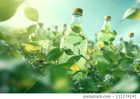 clear bottle nestled among vibrant leaves, sparkling with dew for a pure 131274241