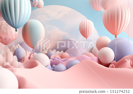 Mesmerizing dreamscape with glossy balloons floating under a serene blue sky with fluffy cloud 131274252