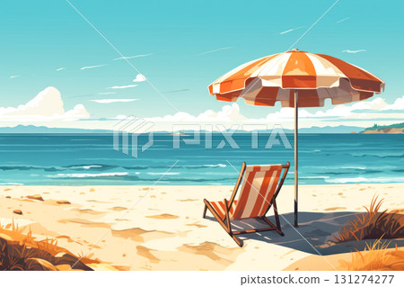 Escape to a serene beach with this vibrant illustration of a beach chair under an umbrella, offering a perfect summer vibe for your devices background. 131274277