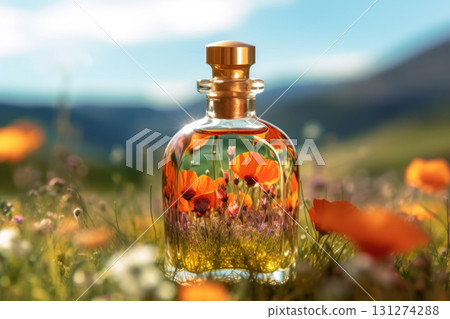 exquisite perfume bottle amidst vibrant poppies exquisite perfume bottle amidst vibrant poppies 131274288