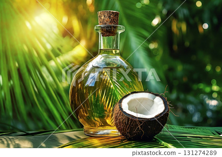 3d illustration with a glass bottle of coconut oil with a cork and half a coconut on a wooden tabl 131274289
