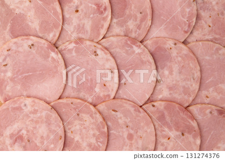 round pieces of ham as background round pieces of ham as background 131274376